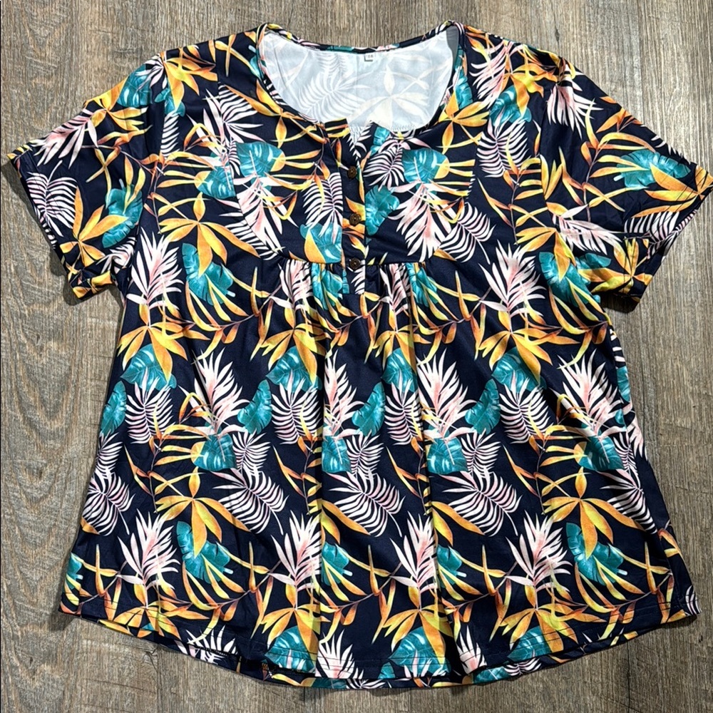 Tropical Leaf Print Short Sleeve Top